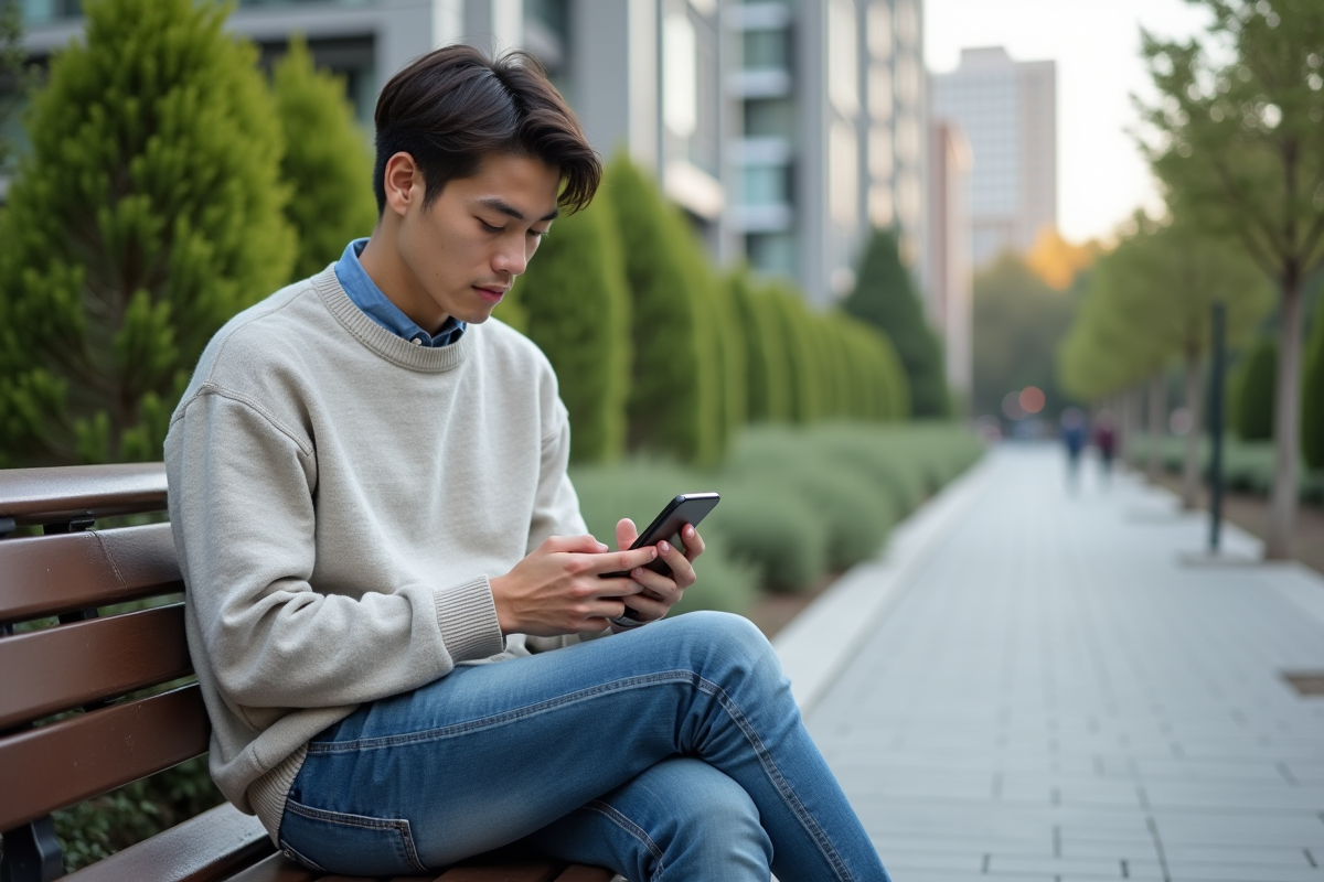 Jeune homme assis sur un banc utilisant une application bancaire