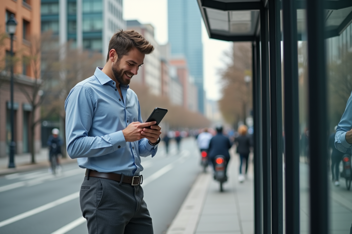 Jeune homme souriant vérifiant son application bancaire au bus