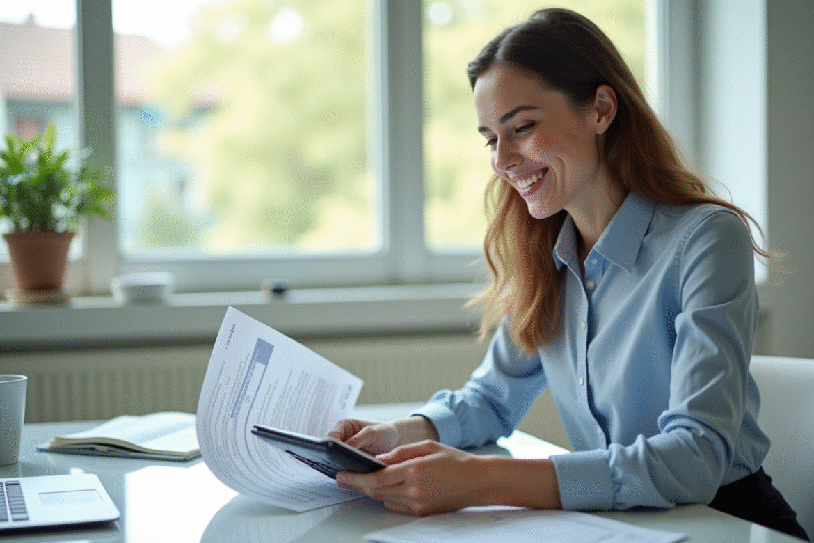 Jeune professionnel travaillant à un bureau lumineux avec documents et calculatrice
