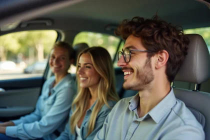 Trois jeunes adultes souriants dans une voiture moderne