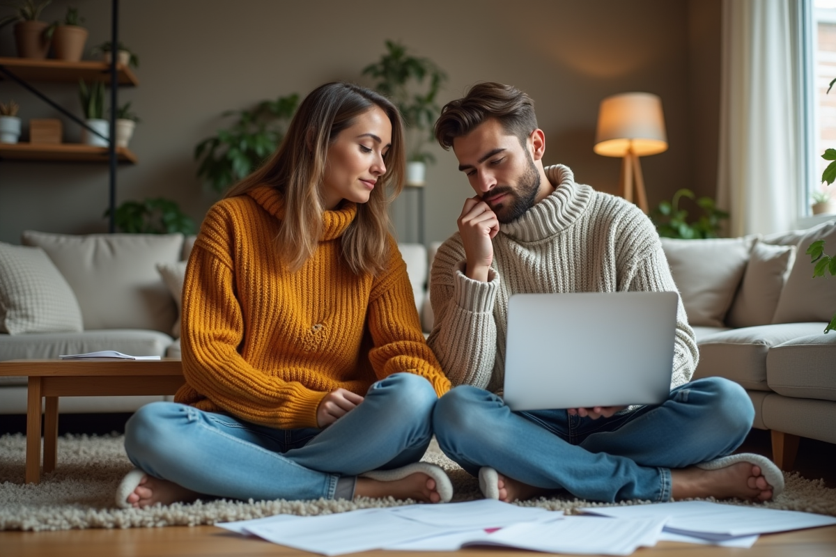 Couple jeune discute de prêt immobilier à la maison
