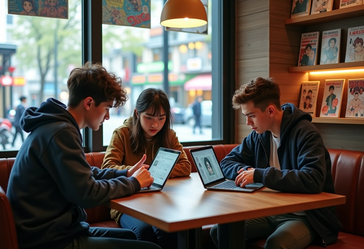 Trois adolescents discutant autour de table au café avec mangas