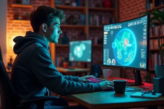 Joueur adulte concentré sur le jeu Aeonscope affiché sur un grand écran incurvé dans un bureau gaming à domicile