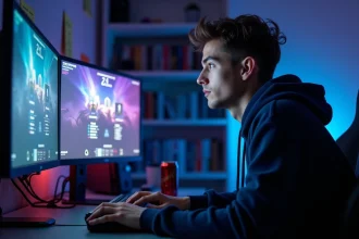 Joueur classé League of Legends concentré devant ses écrans avec statistiques de rang visibles