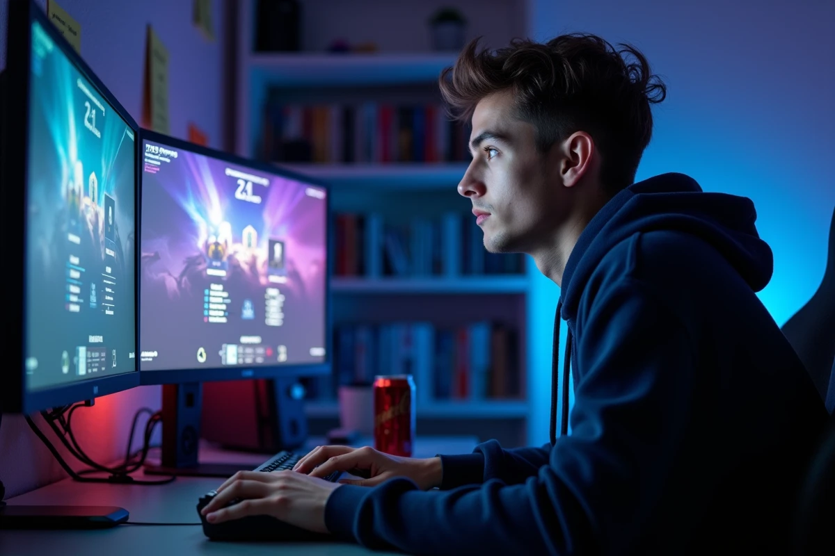Joueur classé League of Legends concentré devant ses écrans avec statistiques de rang visibles