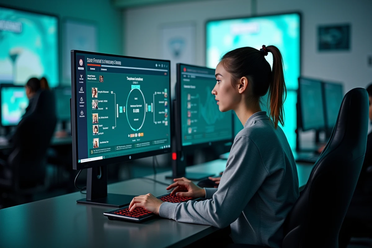 Joueuse de League of Legends analysant les statistiques classées dans un laboratoire esports universitaire