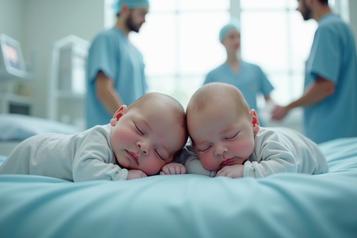 Bébés jumeaux conjoins nouveau nes sur lit d'hôpital