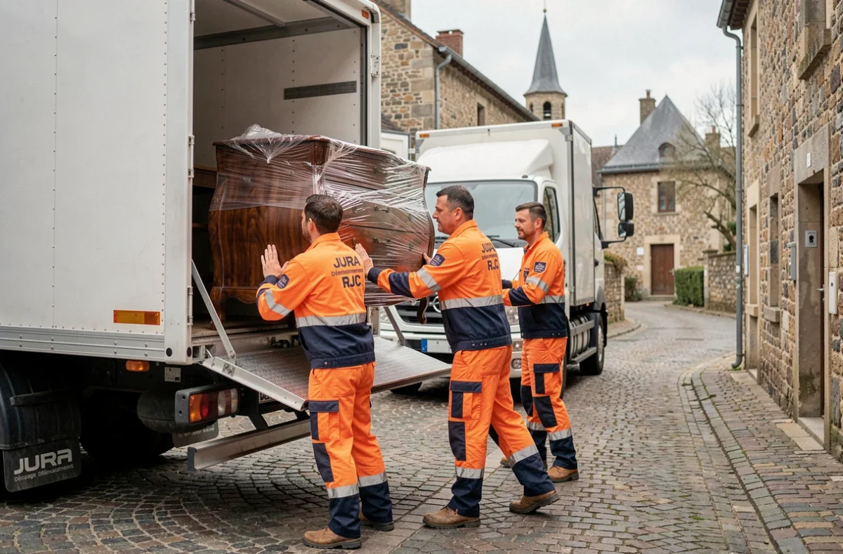 Équipe Jura Décapage Déménagements RJC chargeant une commode sur un hayon élévateur dans un village du Jura