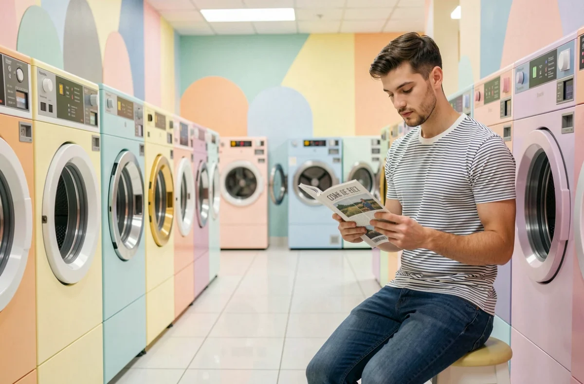 Client attendant son linge à la Laverie Révolution à Sète dans un cadre moderne et coloré