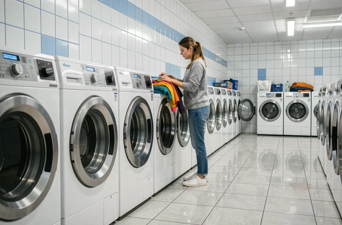 Intérieur de la laverie automatique Washin à Montpellier avec rangées de machines à laver modernes