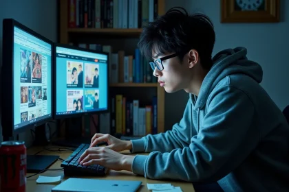 Jeune homme frustré devant un écran affichant des scans de manga Blue Lock, entouré de volumes empilés sur des étagères