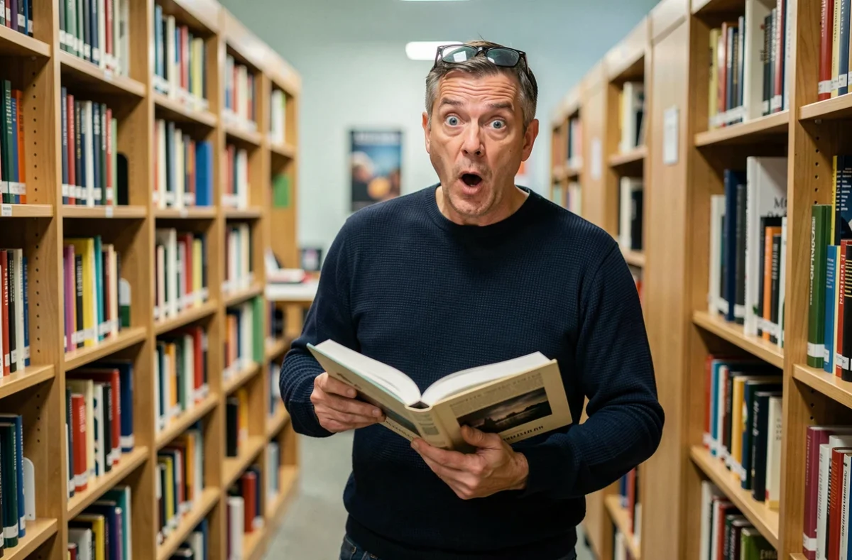 Lecteur surpris par un retournement de situation inattendu dans un roman au milieu d'une bibliothèque publique