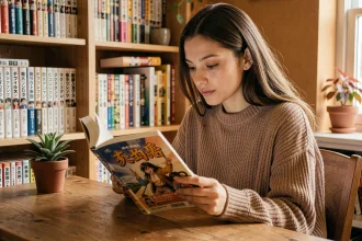 Jeune femme lisant un manga fantasy en anglais et en français sur un bureau en bois entouré de volumes manga