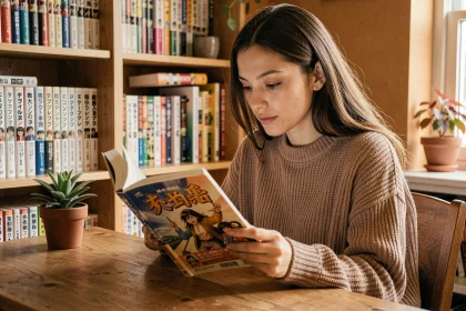 Jeune femme lisant un manga fantasy en anglais et en français sur un bureau en bois entouré de volumes manga