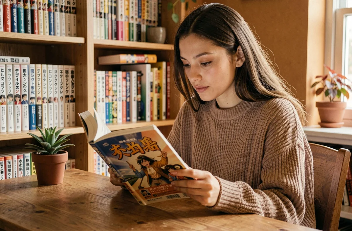 Jeune femme lisant un manga fantasy en anglais et en français sur un bureau en bois entouré de volumes manga