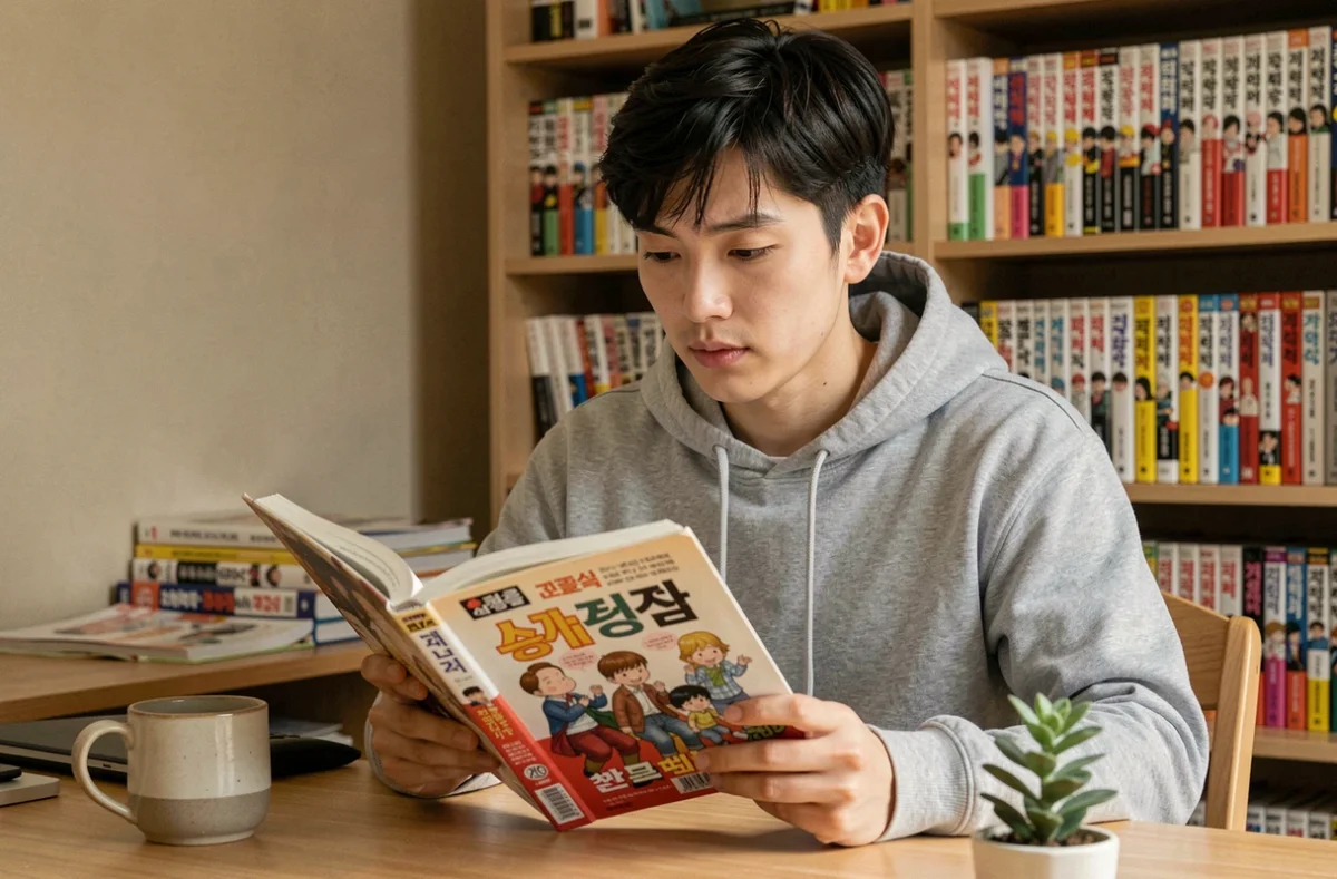 Jeune homme lisant un manhwa coréen à son bureau entouré de bandes dessinées