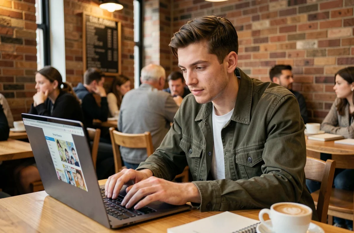 Homme consultant un site de lecture de manhwa sur ordinateur portable dans un café urbain