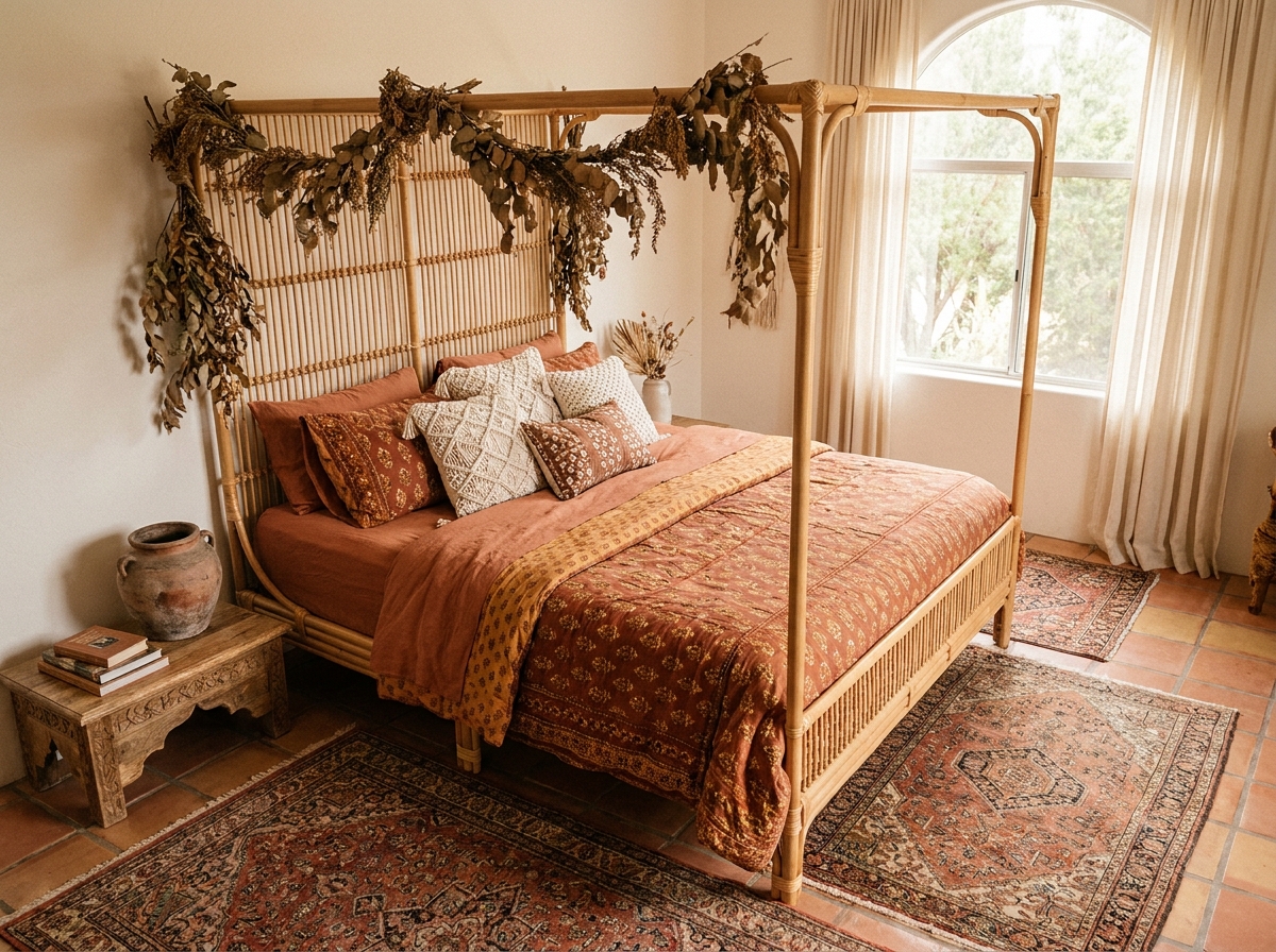Chambre bohème avec lit à baldaquin en rotin, literie en lin terracotta, tapis persans superposés et décoration végétale séchée