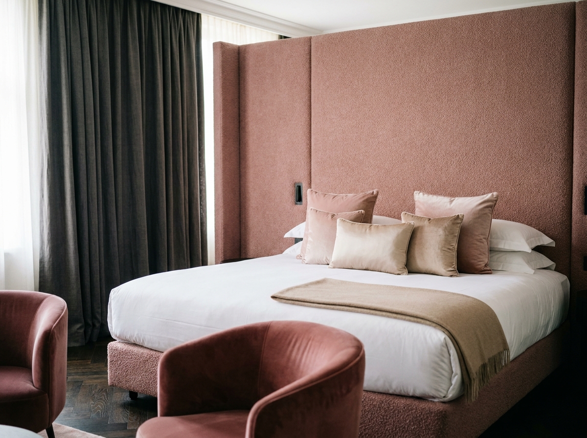 Chambre luxueuse style hôtel avec tête de lit en bouclé rose poudré du sol au plafond, literie blanche immaculée et coussins décoratifs champagne