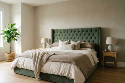 Chambre décorée avec un lit capitonné en velours vert sauge comme pièce maîtresse, literie en lin ivoire et oreillers décoratifs, parquet en chêne clair