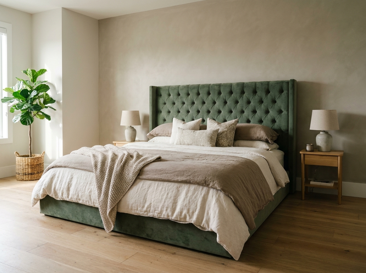 Chambre décorée avec un lit capitonné en velours vert sauge comme pièce maîtresse, literie en lin ivoire et oreillers décoratifs, parquet en chêne clair