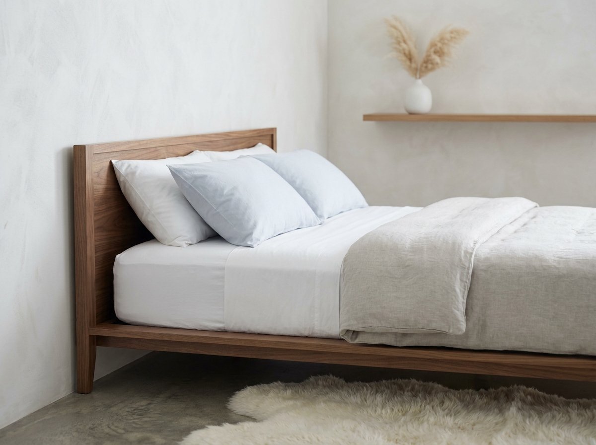 Chambre scandinave épurée avec un lit en bois de noyer et literie en coton blanc, mur à la chaux et descente de lit en peau de mouton