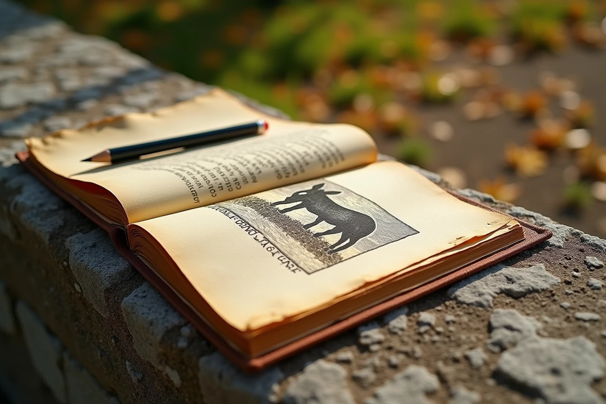 Livre de philosophie ouvert sur l'illustration de l'âne de Buridan posé sur une pierre en extérieur avec des notes de révision manuscrites pour le bac