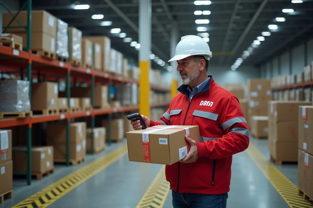 Livreur DPD en uniforme scannant un colis bloqué dans un entrepôt de tri logistique