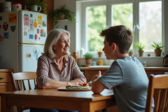 Femme et adolescent discutant à la cuisine chaleureuse