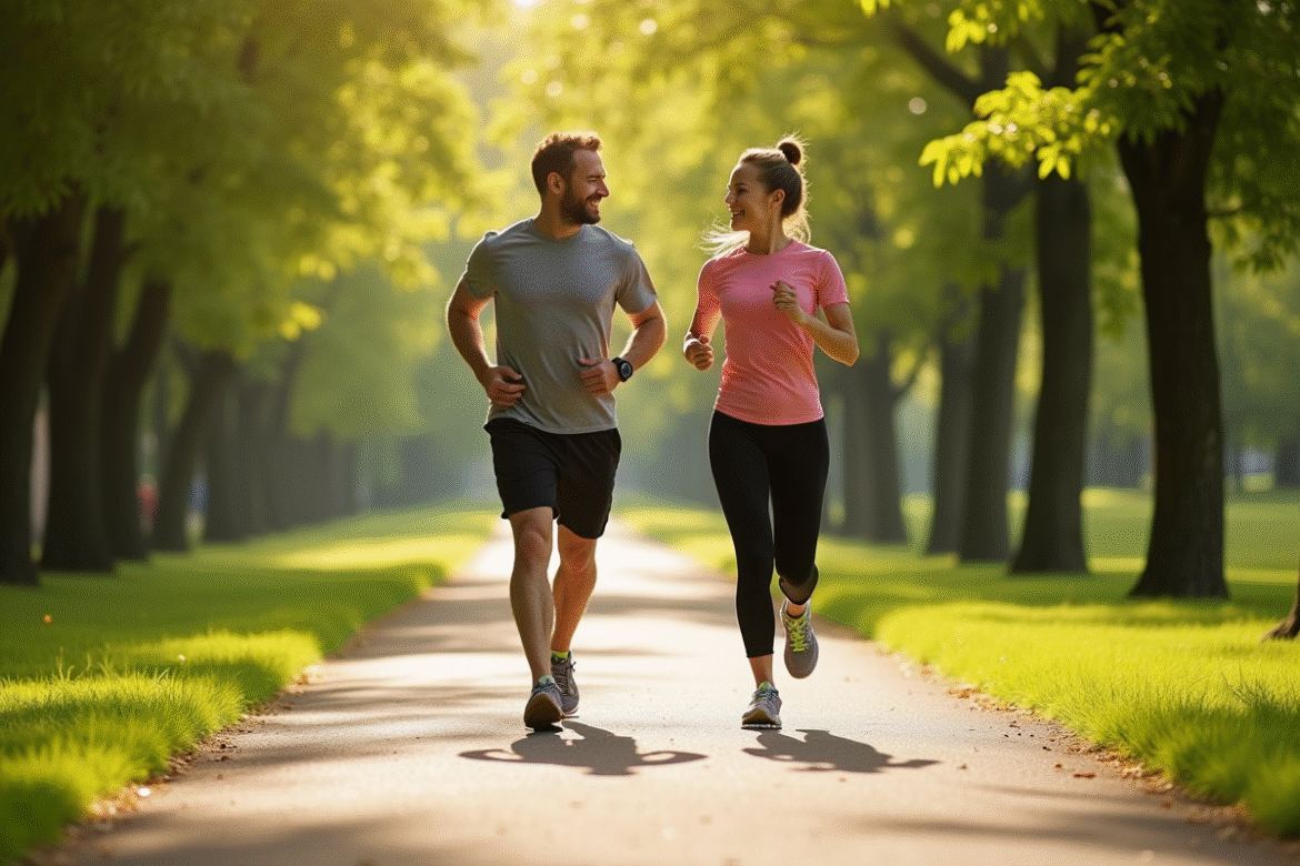 Homme et femme marchant dans un parc ensoleille avec trackers