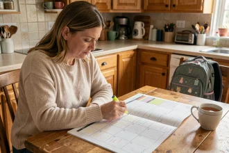 Mère de famille consultant un calendrier papier pour planifier les vacances scolaires sur les semaines paires 2025 et 2026