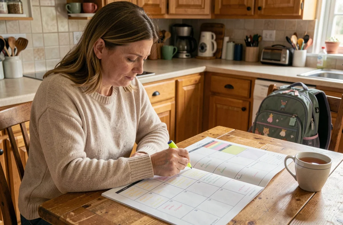 Mère de famille consultant un calendrier papier pour planifier les vacances scolaires sur les semaines paires 2025 et 2026
