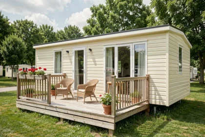 Mobil-home français moderne avec terrasse en bois dans un parc résidentiel de loisirs verdoyant