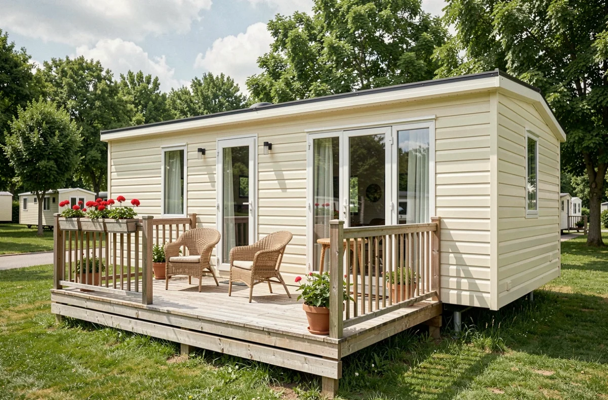 Mobil-home français moderne avec terrasse en bois dans un parc résidentiel de loisirs verdoyant