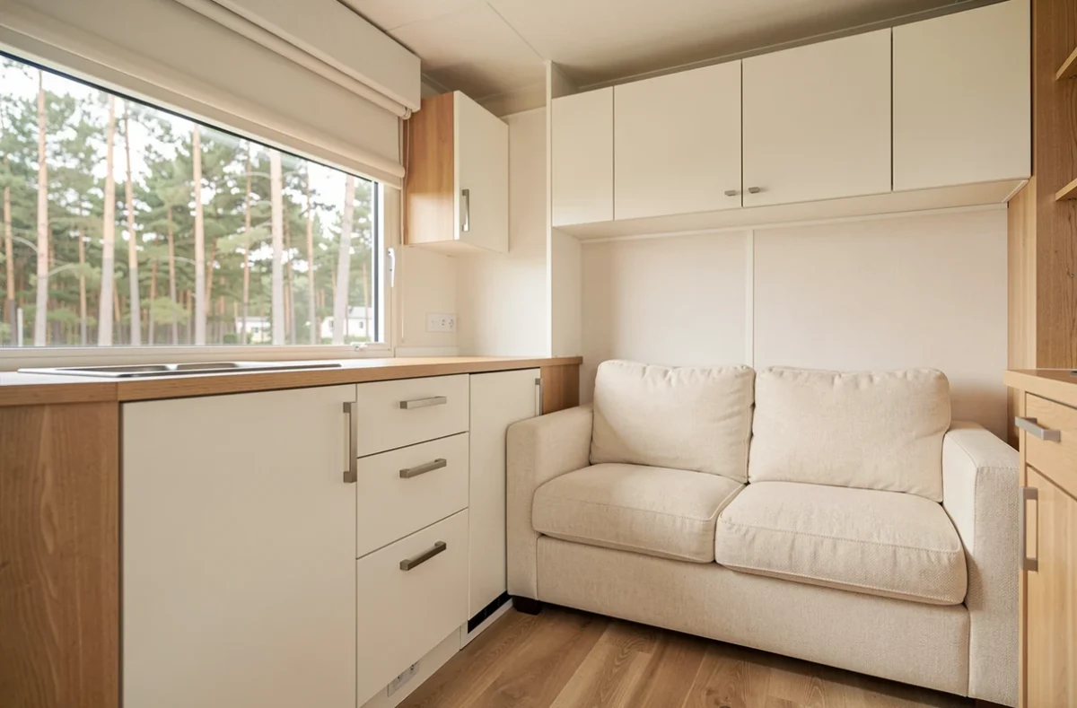 Intérieur spacieux et moderne d'un mobil-home fabriqué en France avec salon et cuisine ouverte