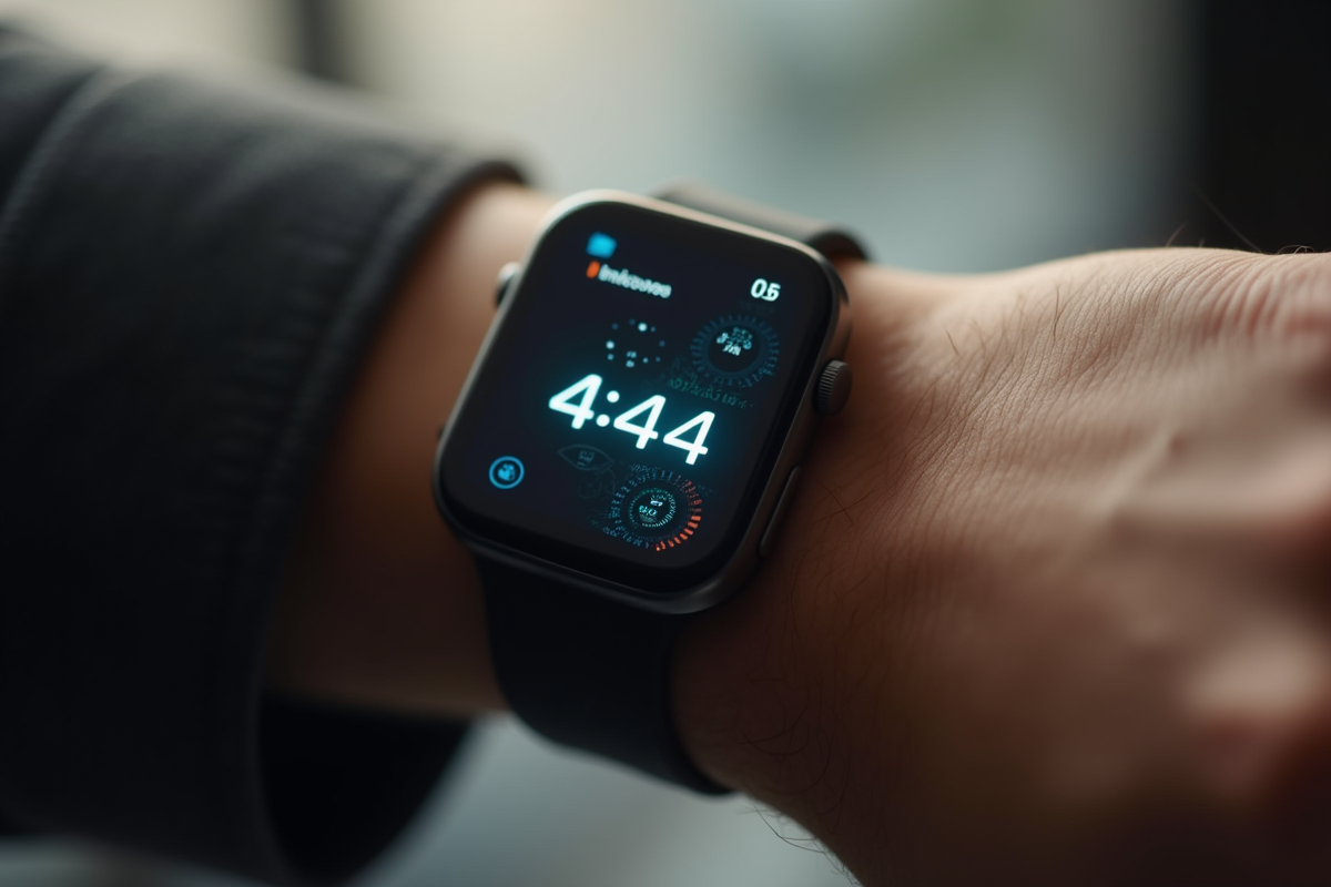 Montre connectée affichant 4h44 au poignet en intérieur lumineux