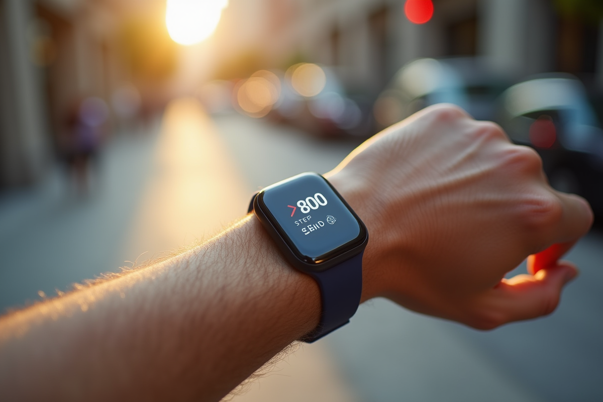 Gros plan sur une montre connectee affichant 8000 pas