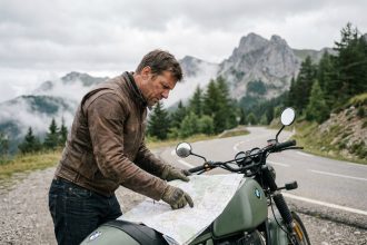 Motard en veste de cuir consultant une carte routière papier posée sur son réservoir lors d'un road trip à moto dans les Alpes françaises