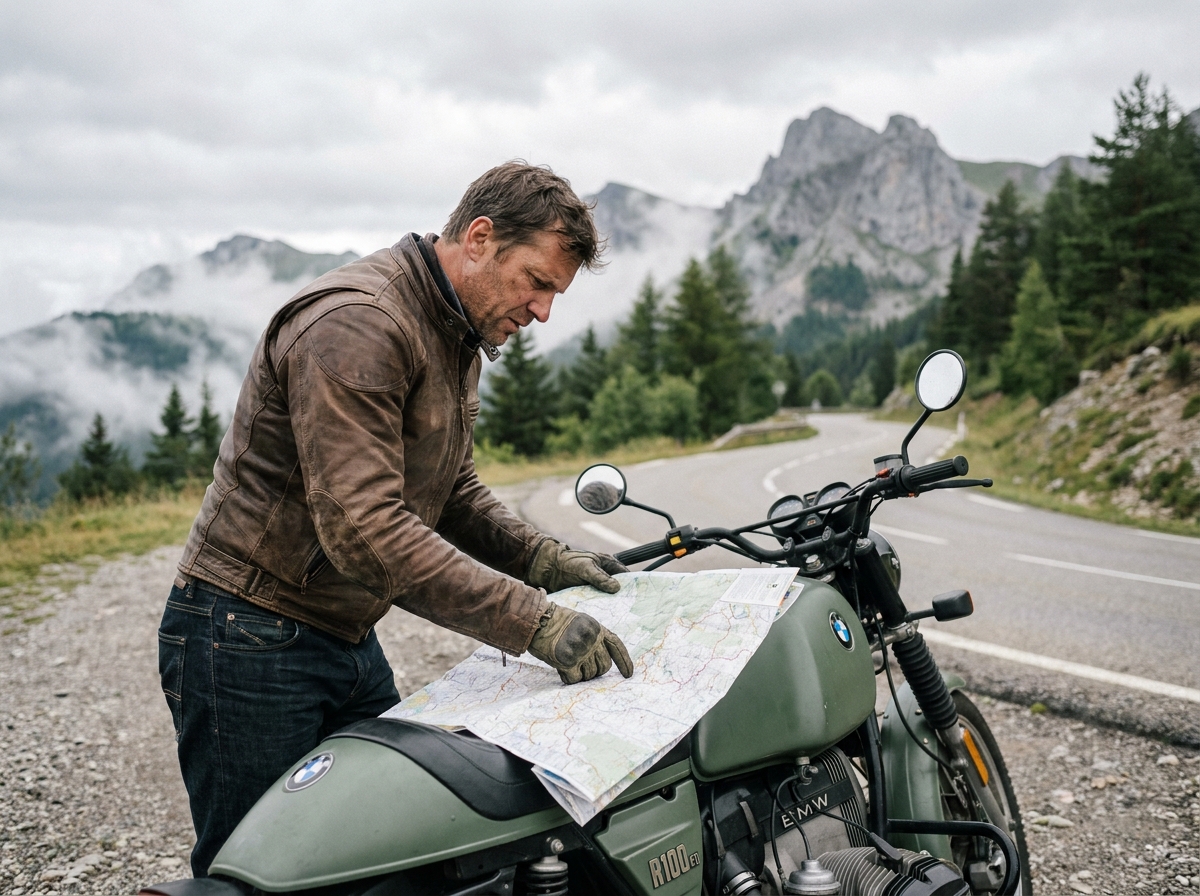 Motard en veste de cuir consultant une carte routière papier posée sur son réservoir lors d'un road trip à moto dans les Alpes françaises