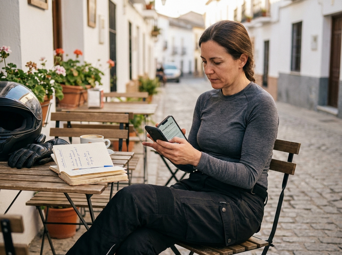 Motarde consultant son assurance moto sur smartphone à la terrasse d'un café lors d'un road trip en Europe