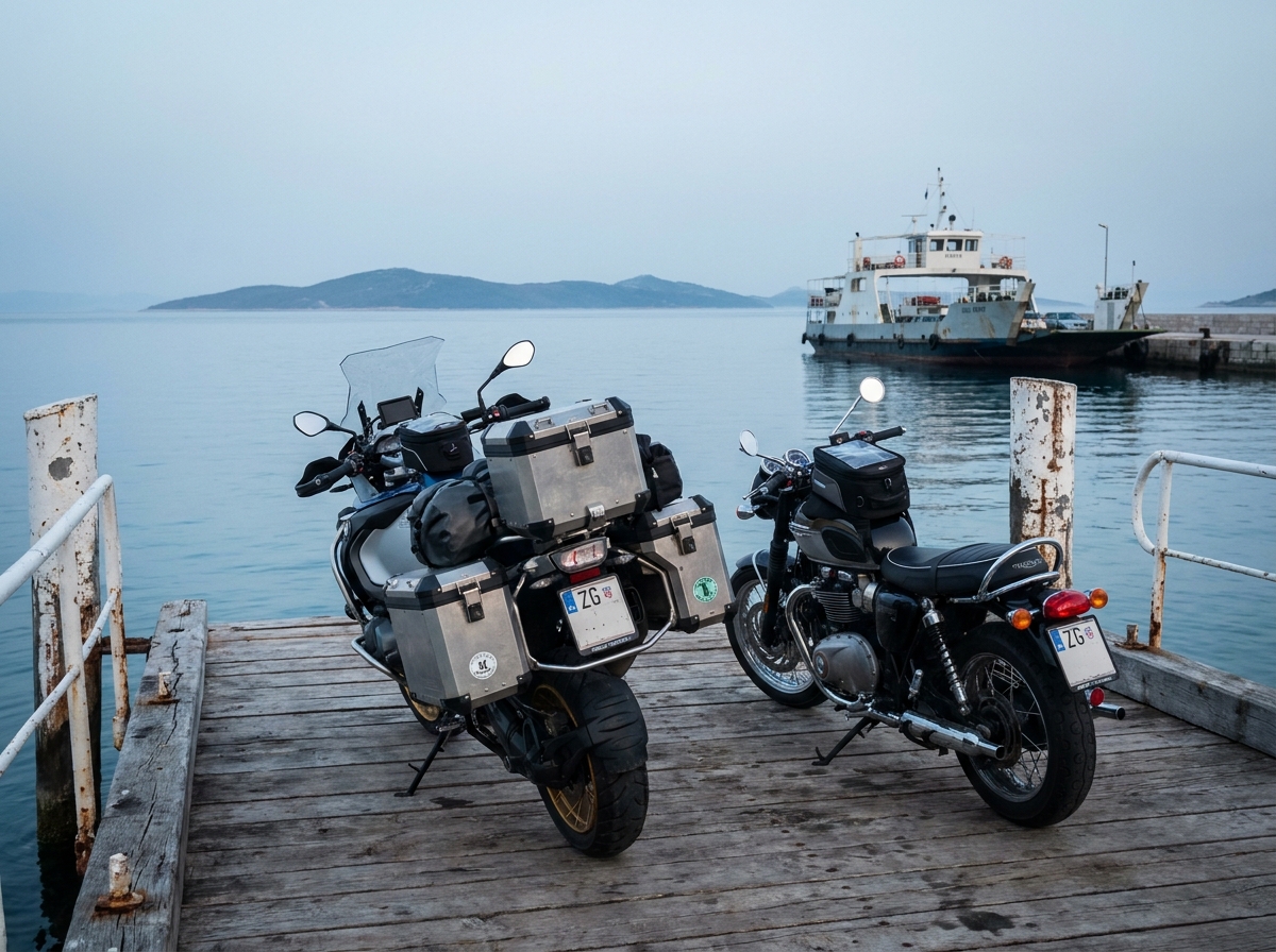 Deux motos chargées de bagages garées sur un quai de ferry en Croatie pour un road trip moto en Europe