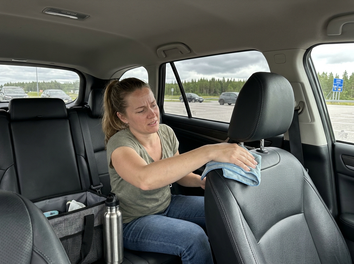 Femme nettoyant les sièges en cuir arrière de sa voiture lors d'une pause sur autoroute