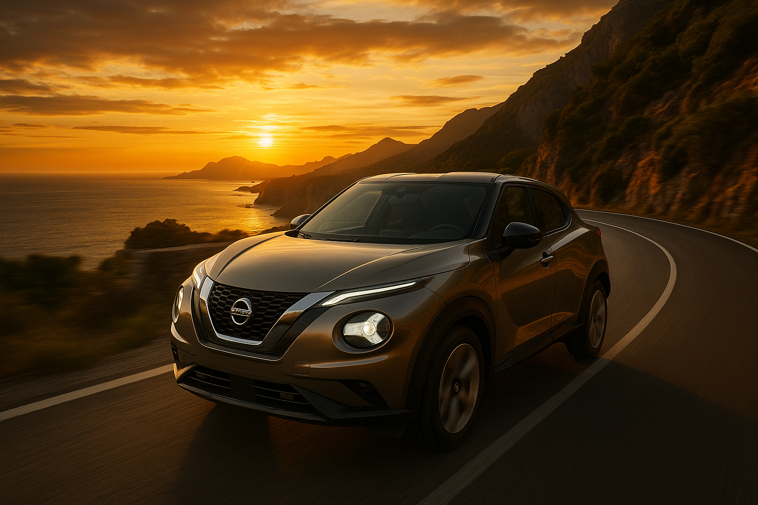 Nissan Juke en conduite sur route côtière au coucher du soleil