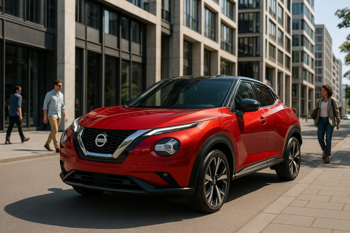 Photo hyperrealiste d'une Nissan Juke rouge en ville