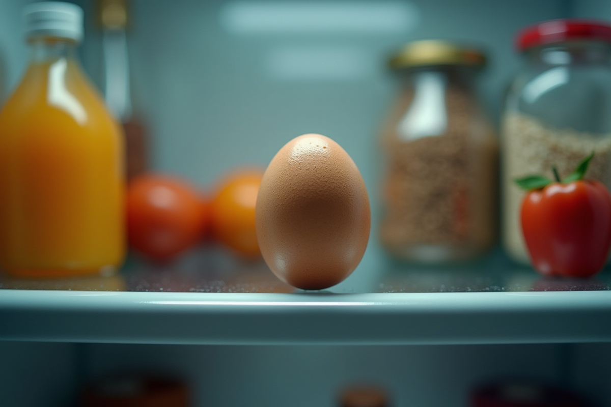Un oeuf sur une étagère de réfrigérateur avec condensation