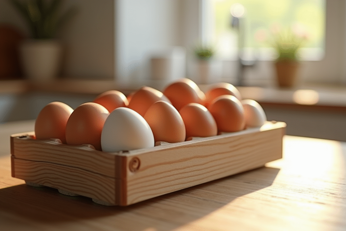 Oeufs frais marron et blanc dans une caisse en bois rustique