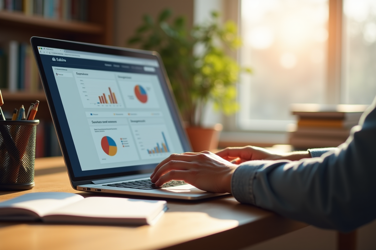 Laptop moderne sur bureau ensoleille avec plateforme Eduline affichée