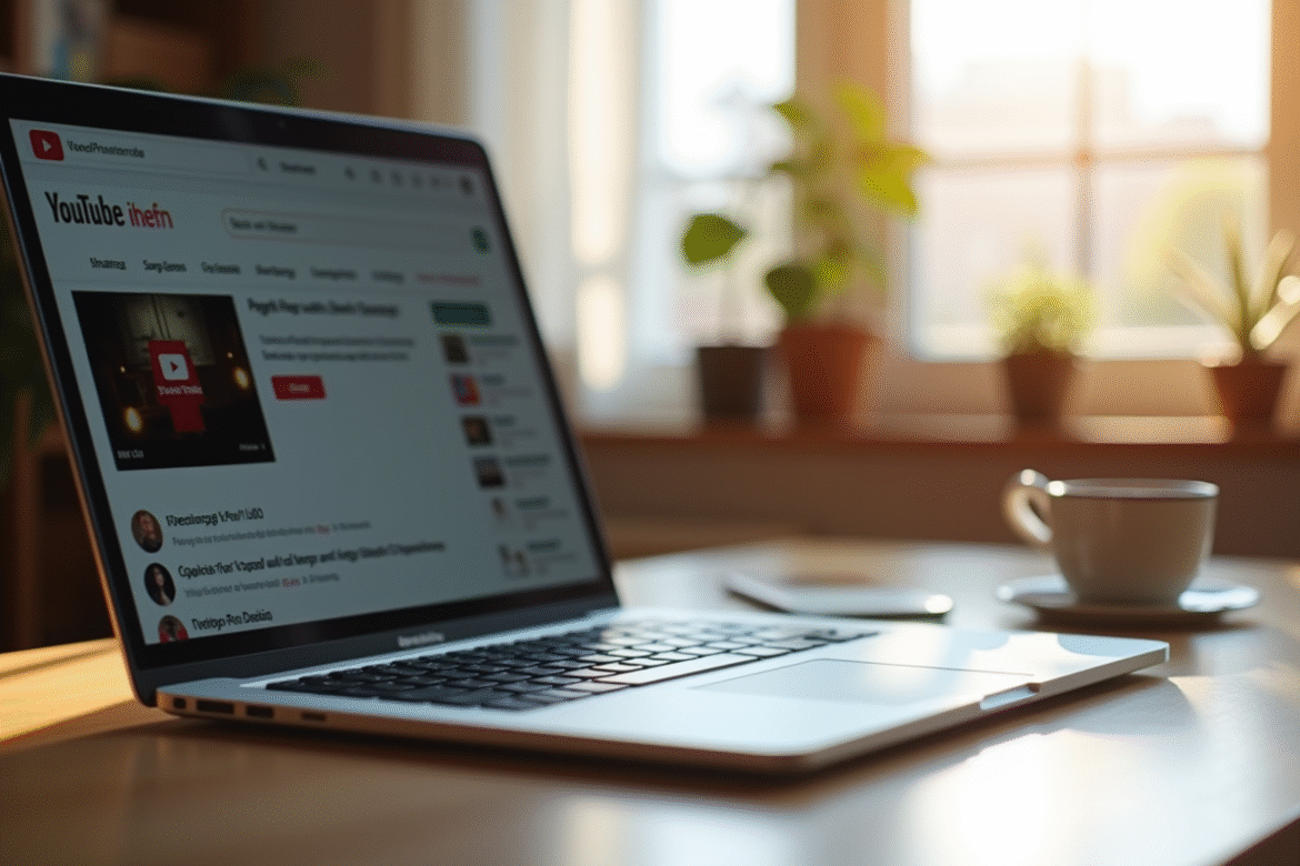 Ordinateur portable moderne sur bureau en bois avec YouTube à l'écran