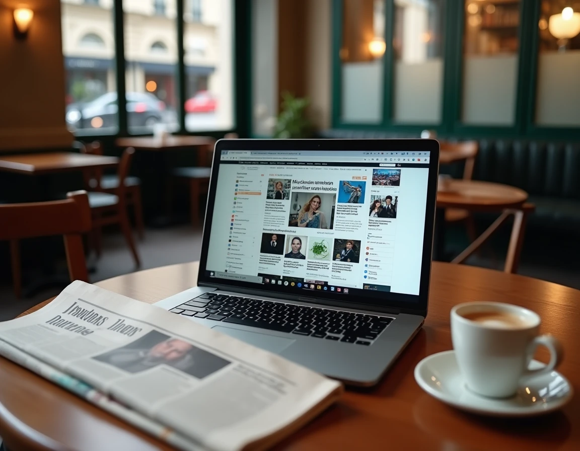 Ordinateur portable affichant un site d'actualités viral posé sur une table de café à côté d'un journal imprimé