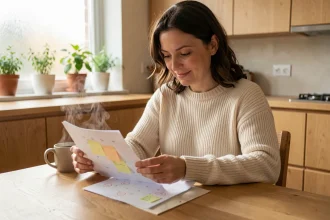 Femme organisant ses vacances avec les jours fériés sur un calendrier imprimé dans une cuisine chaleureuse en Moselle
